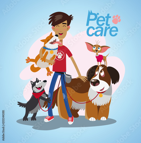 Young boy walking with dogs. Pet care part 1.