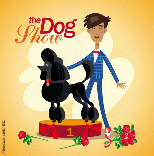 Dog show winner. Black poodle stand in a podium with his happy owner.