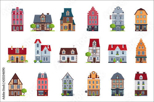 Old European houses facade set, colorful houses of different architectural styles vector Illustrations on a white background