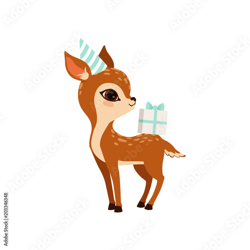 Cute little fawn character wearing party hat with gift box vector Illustration on a white background