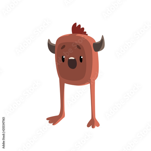 Cute cartoon horned brown monster character with funny face vector Illustration on a white background