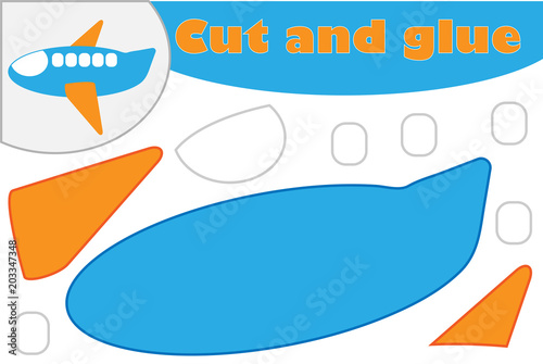 Plane in cartoon style, education game for the development of preschool children, use scissors and glue to create the applique, cut parts of the image and glue on the paper, vector illustration