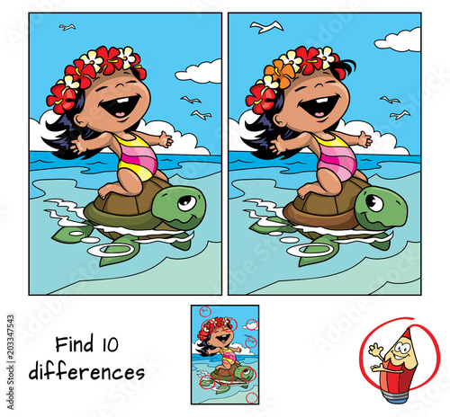 Happy little baby girl in a swimsuit and a Hawaiian wreath  riding a sea turtle. Find 10 differences. Educational game for children. Cartoon vector illustration