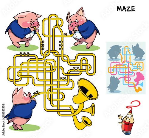 Brass band of three little pigs. Educational maze game for children. Cartoon vector illustration