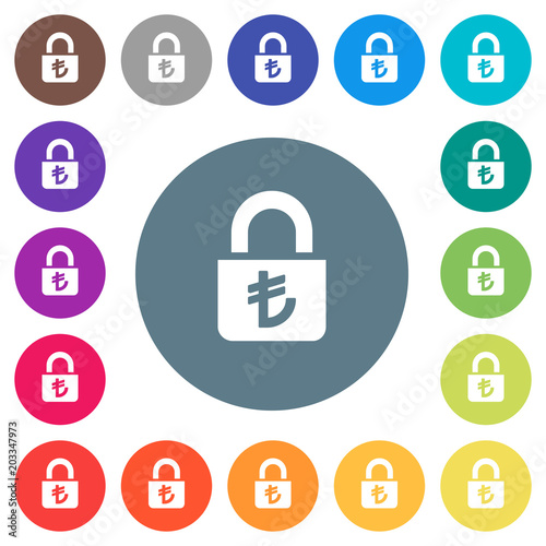 Locked lira flat white icons on round color backgrounds