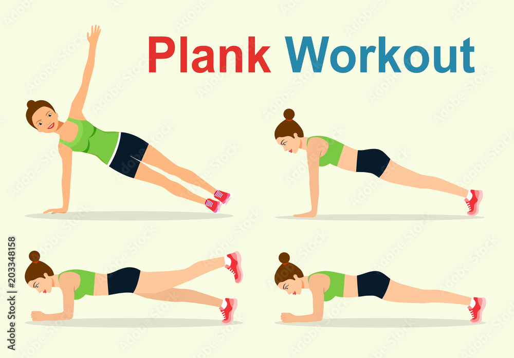 Yoga full-body 5-minute workout training set. Young woman planking exercise  isolated. Vector flat style illustration Stock Vector