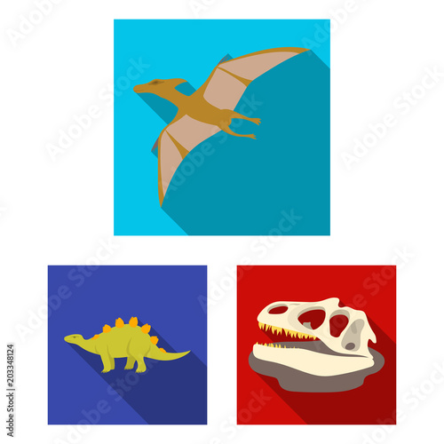 Different dinosaurs flat icons in set collection for design. Prehistoric animal vector symbol stock web illustration.