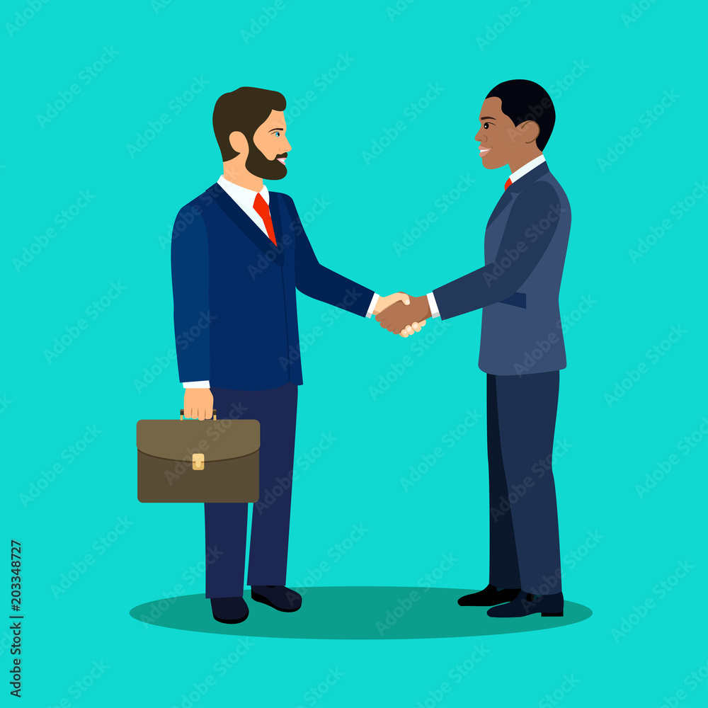 Businessmans shaking hands. Handshake of business partners.Vector flat style illustration Businessmans shaking hands. Handshake of business partners.Vector flat style illustration