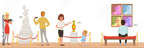 Museum visitors looking at classical work of art, museum guide telling girl about exhibits, people attending museum horizontal vector Illustration