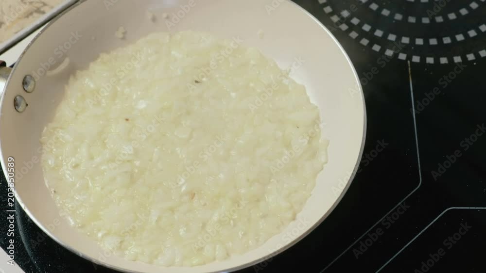 Frying onions, garlic on frying pan Frying onions, garlic on frying pan