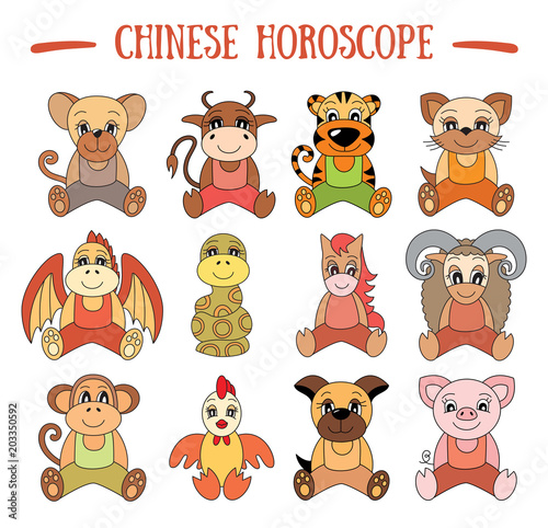 Chinese horoscope collection. Zodiac sign set. Pig, rat, ox, tiger, cat, dragon, snake, horse, sheep, monkey, rooster, dog. Cartoon animals for kids. Symbol of the year. 2019, 2020, 2021, 2022