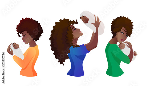 Set of young mothers with baby in the hands.