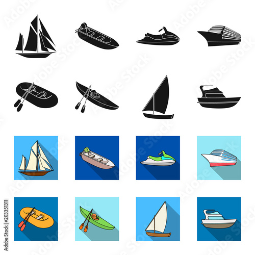 A rubber fishing boat, a kayak with oars, a fishing schooner, a motor yacht.Ships and water transport set collection icons in black,flet style vector symbol stock illustration web.