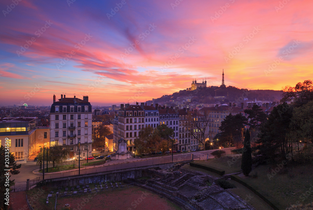 Colourful dusk over Croix Rousse and Vieux Lyon. Lyon, France.