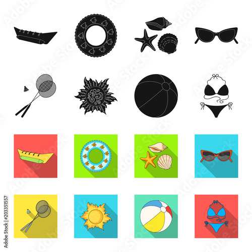 A game of badminton, a ball and the sun.Summer vacation set collection icons in black,flet style vector symbol stock illustration web.