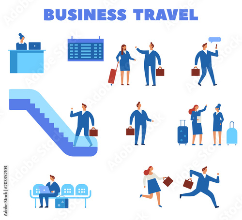 Business travel concept. Business people sitting and walking in airport terminal. Flat vector set.