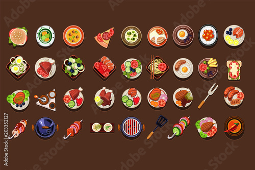 Flat vector set of delicious dishes and snacks. Tasty meal. Traditional breakfast. Elements for restaurant or cafe menu. Detailed food icons