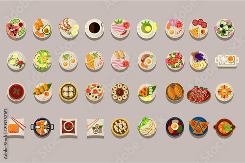 Flat vector set of various dishes. Detailed food icons. Coffee and green tea. Culinary theme. Delicious meal. Elements for restaurant or cafe menu