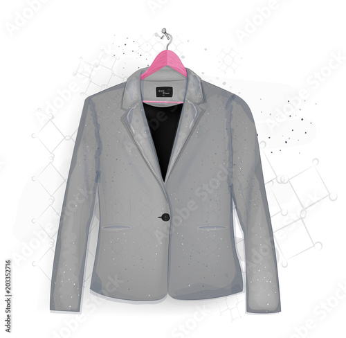 The jacket hangs on the hangers.
Jacket on a white background.
Pink hanger.
A nail in the wall.
Shop. Advertising. Sale of clothes. Fashionable Business form.