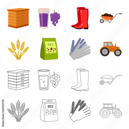 Spikelets of wheat, a packet of seeds, a tractor, gloves.Farm set collection icons in cartoon,outline style vector symbol stock illustration web.
