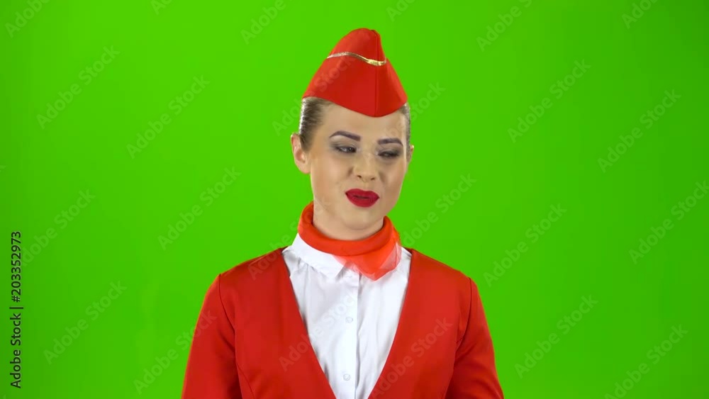 Girl tells something about the planes. Green screen Girl tells something about the planes. Green screen