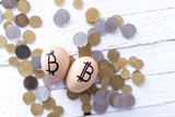 Egg with bitcoin on a white background. The concept of Crypto-currency