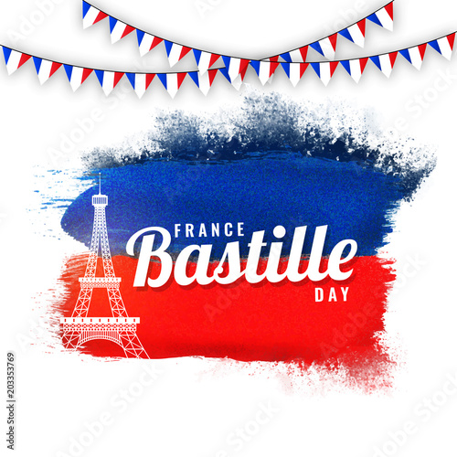 France Bastille Day concept with eiffel tower and bunting flags on blue and red background. photo