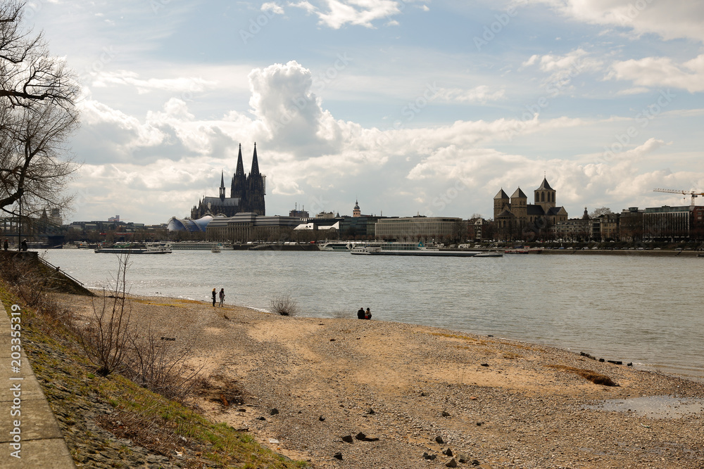 Köln, Rheinpark, Panorama, Rhein, Park, Gebäude, Stadt, Frühling, Wiese, Wasser