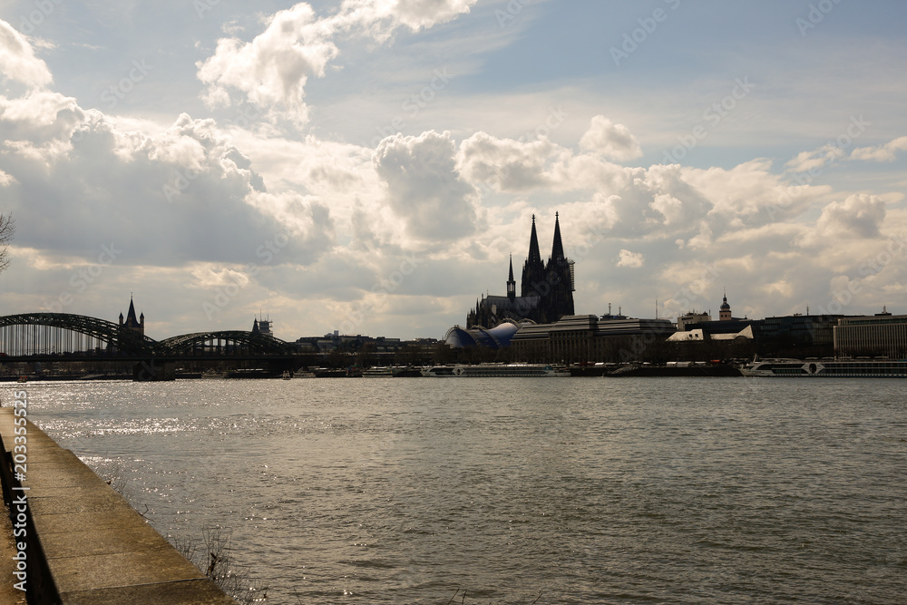 Köln, Rheinpark, Panorama, Rhein, Park, Gebäude, Stadt, Frühling, Wiese, Wasser