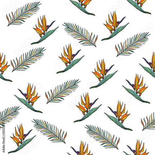 Hand Drawn Seamless Background With Palm  Leaves And Tropical Flowers. Jungle Pattern  For Textile Or Book Covers  Manufacturing  Wallpapers  Print  Gift Wrap And Scrapbooking.