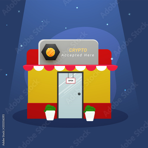 Crypto accepted here banner on a shop on blue background.