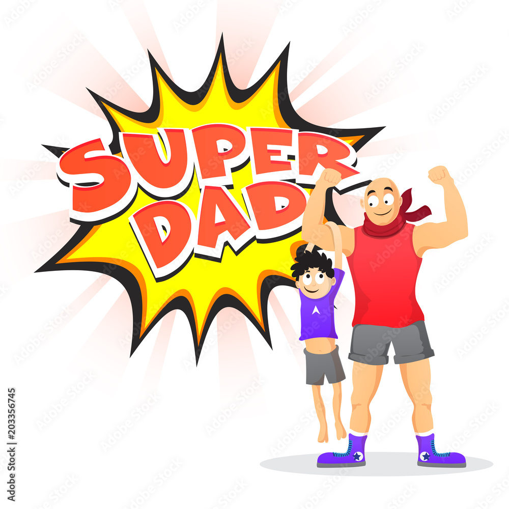 Happy father's day celebration concept, father lifting his young son from one arm, Super Dad text on rays background.