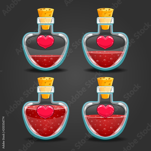 Heart bottles with different liquid level