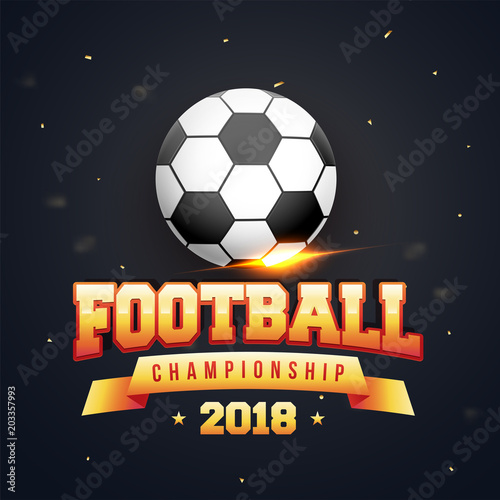 Shiny soccer ball and golden text Football Championship on grey background. photo