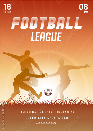 Football league, poster, banner or flyer design with football players in playing action. photo