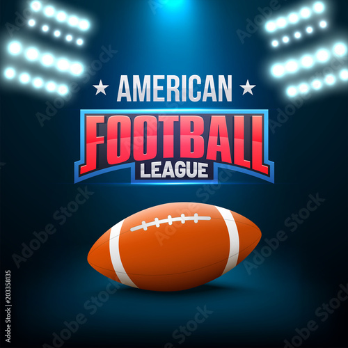 American football league concept with american ball, and shiny text, flud lights on blue background. photo