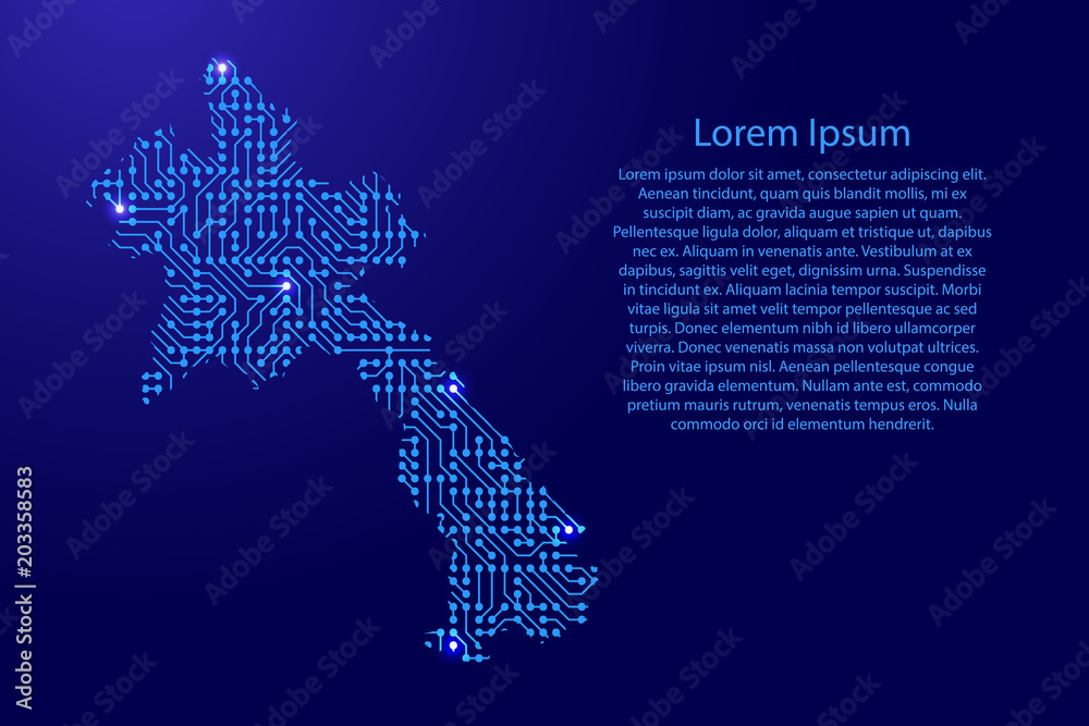 Map Laos from printed board, chip and radio component with blue star space on the contour for banner, poster, greeting card, of vector illustration.