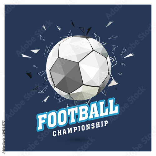 Shiny soccer ball on blue background with text Football Championship. photo