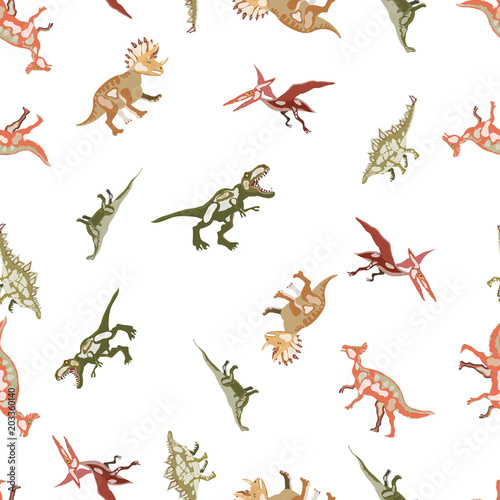 Vector seamless pattern. Dinosaurs. T-REX, Tyrannosaur, Velociraptor, Triceratops, Brontosaurus, Parasaurolophus, Stegosaurus, Pteranodon.