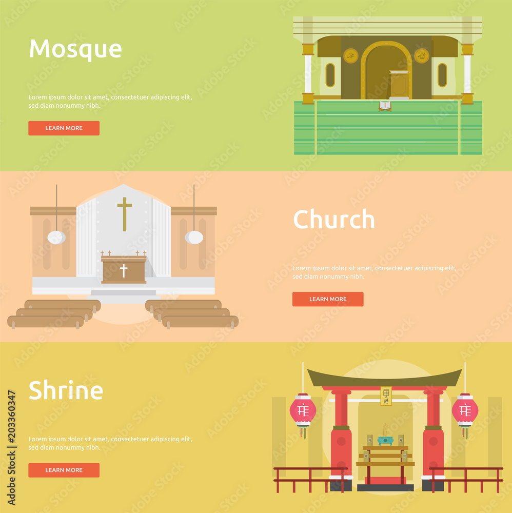Naklejka premium Religion Banner Design | Mosque, Church and Shrine