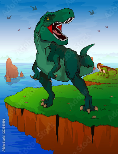 Tyrannosaur on the background of the sea. Vector illustration.