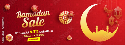 Ramadan sale  web header or banner design with golden crescent moon  intricate lanterns and floral patterns on red background.