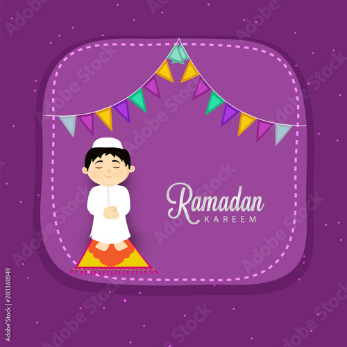Ramadan Kareem festival celebration concept with muslim kid praying  offering namaz  on purple background.