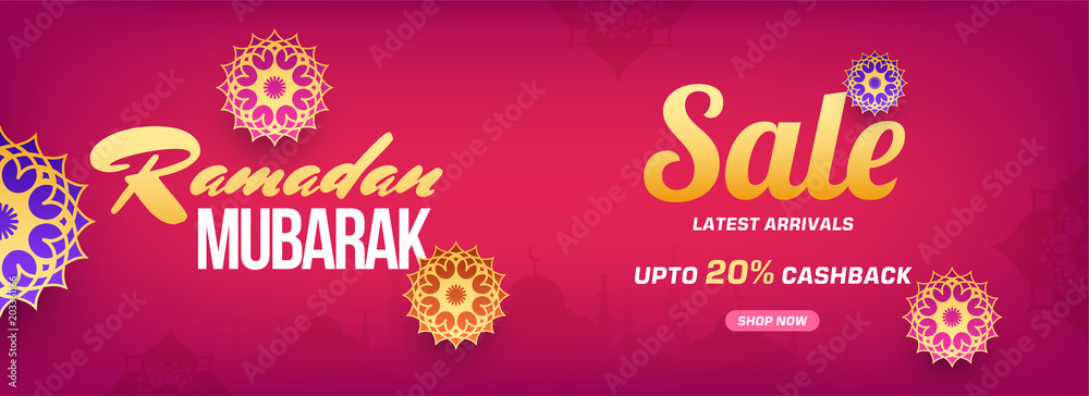 Ramadan mubarak sale web banner or header design with beautiful florals, and upto 20% off offers, on pink background.