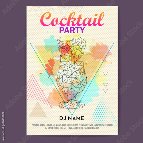 Triangle Cocktail pina colada on artistic polygon watercolor background. Cocktail disco party poster