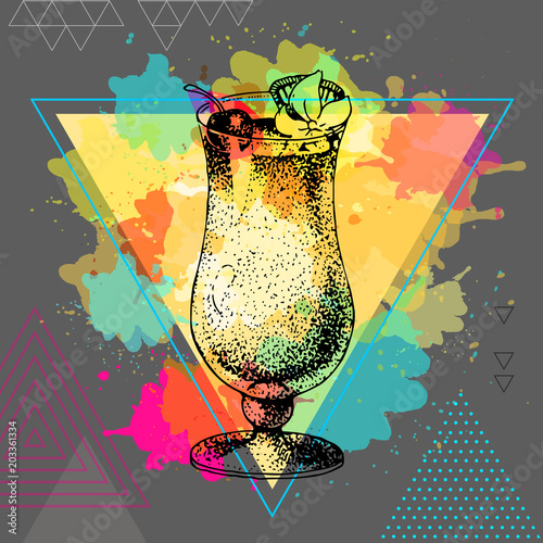Hipster cocktail pina colada illustration on artistic polygon watercolor background