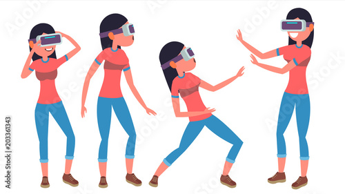 Woman In Virtual Reality Glasses Vector. Poses. 360 Game. Flat Illustration