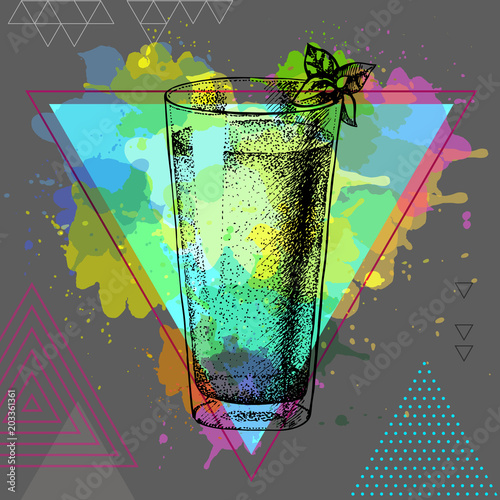 Hipster cocktail mojito illustration on artistic polygon watercolor background