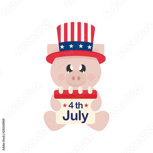 4 july cartoon cute pig in hat sitting with calendar