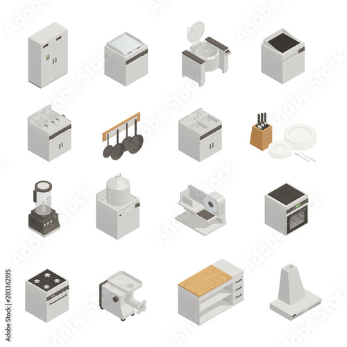 Kitchen Equipment Isometric Icons Set